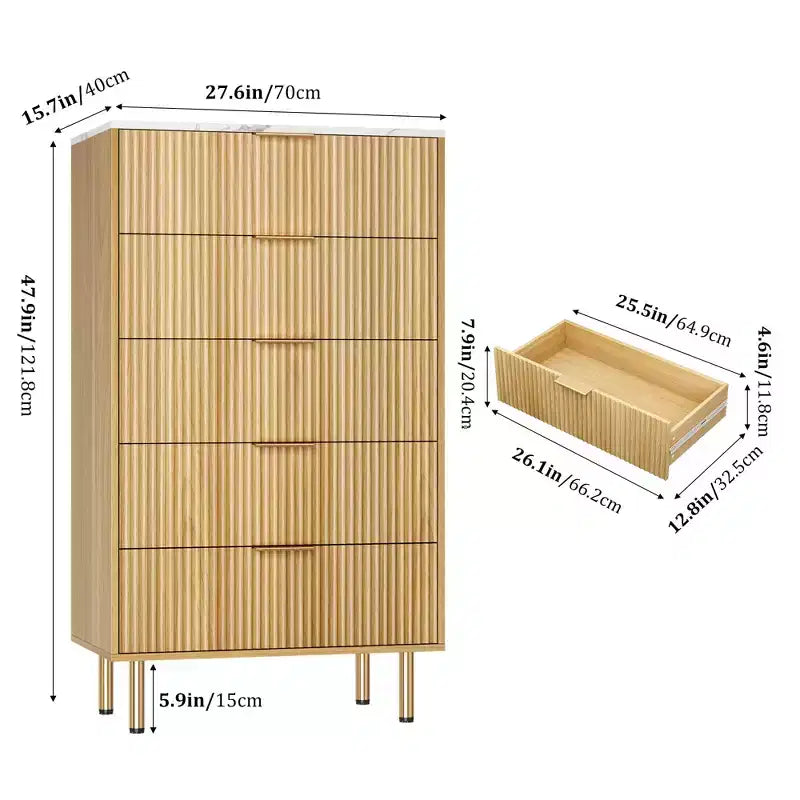 Commode 5 tiroirs blanche / effet marbre et bois – Panneau cannelé, pour 1 personne