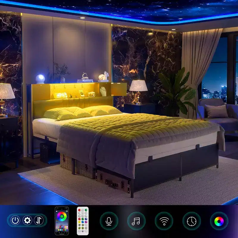 Cadre de lit plateforme rembourré Chêne Noir / Gris avec lumières LED et station de recharge ¨C Grand lit / Très grand lit, 1 personne