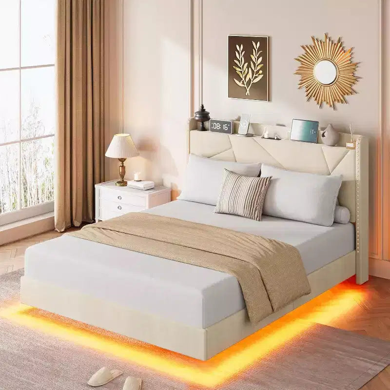 Floating Bed Frame, Upholstered Platform Bed, Headboard and Button Tufted Design, Metal Slats Support, No Box Spring Needed