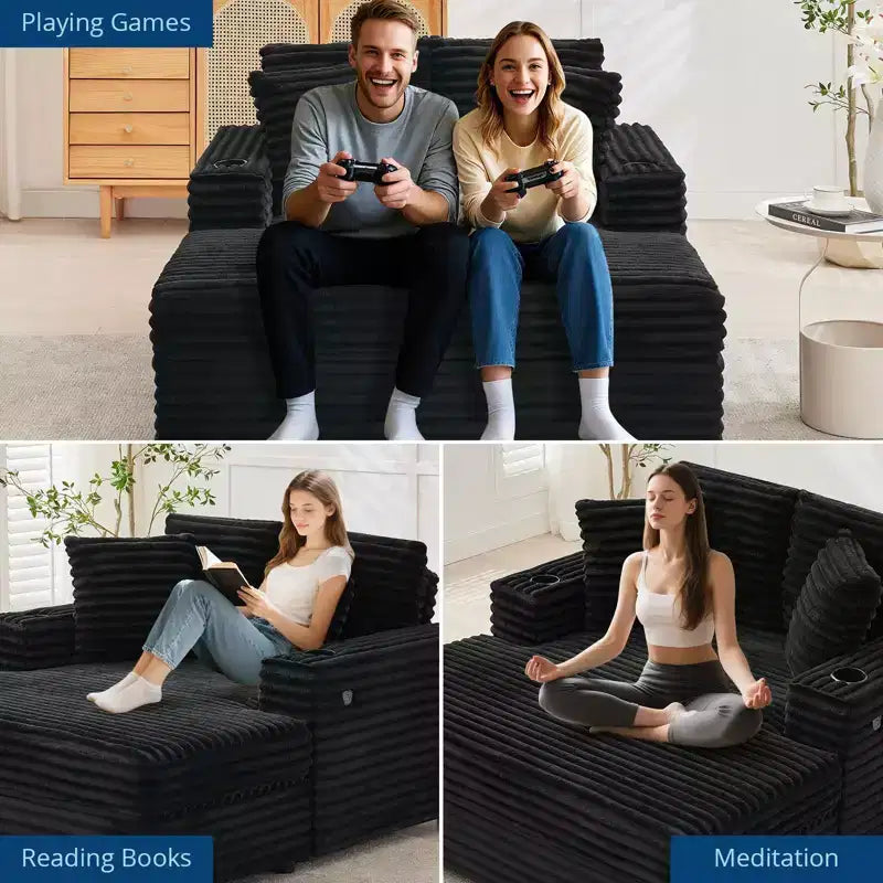 Sofa wypoczynkowa trzyosobowa sztruksowa z uchwytami na kubki i portami ładowania