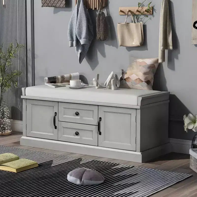 Banc de rangement capitonné avec tiroirs et placard, bois massif, 1 personne - Noir/Marron/Gris/Bleu Marine/Blanc