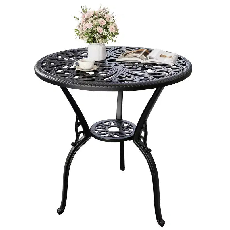 Weather-Resistant Cast Aluminum Patio Dining Table  23 Round Outdoor Bistro Table with Umbrella Hole, Antique Design, Easy Assembly