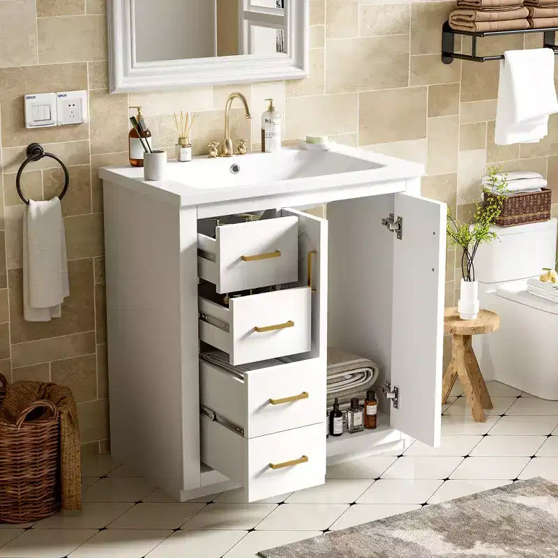Meuble-lavabo de salle de bain de 76 cm à lavabo simple avec armoire et 3 tiroirs – Noir / Bleu / Vert / Indigo / Blanc