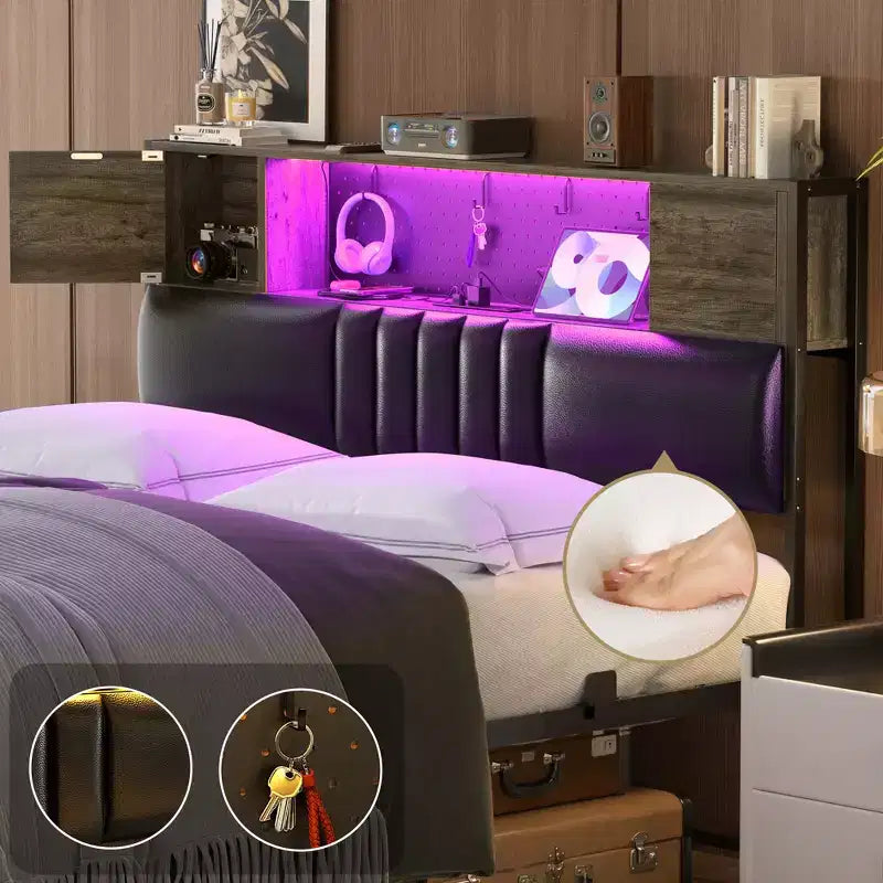 Cadre de lit plateforme rembourré Chêne Noir / Gris avec lumières LED et station de recharge ¨C Grand lit / Très grand lit, 1 personne