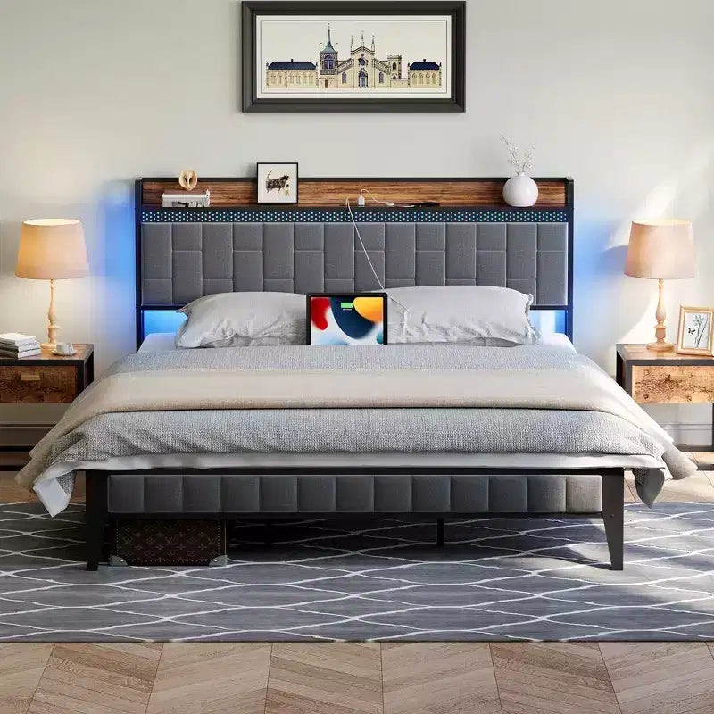 Lit rembourré en lin gris avec plateforme, lumières LED RVB et tête de lit de rangement, pour 1