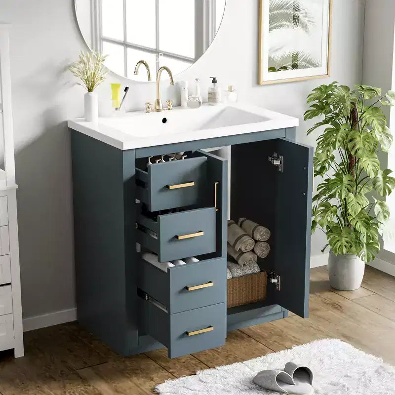 Meuble-lavabo de salle de bain de 76 cm à lavabo simple avec armoire et 3 tiroirs – Noir / Bleu / Vert / Indigo / Blanc