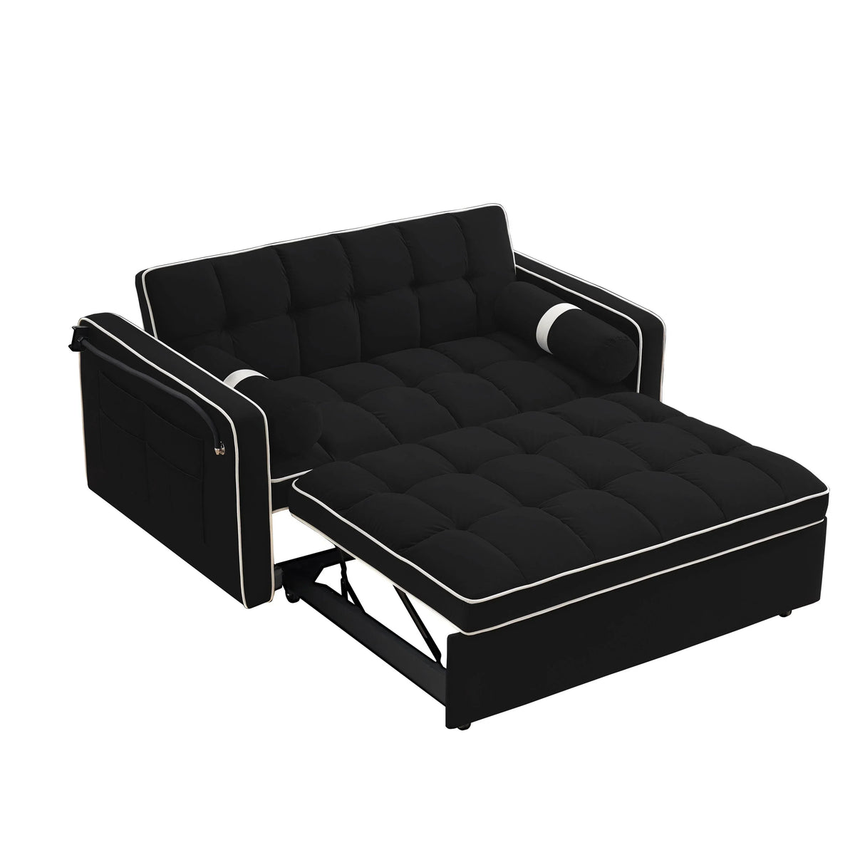 Velvet Convertible 55'' 2-Seater Sleeper Sofa with Pull-Out Bed, Adjustable Recline, Side Pockets, and Phone Holder