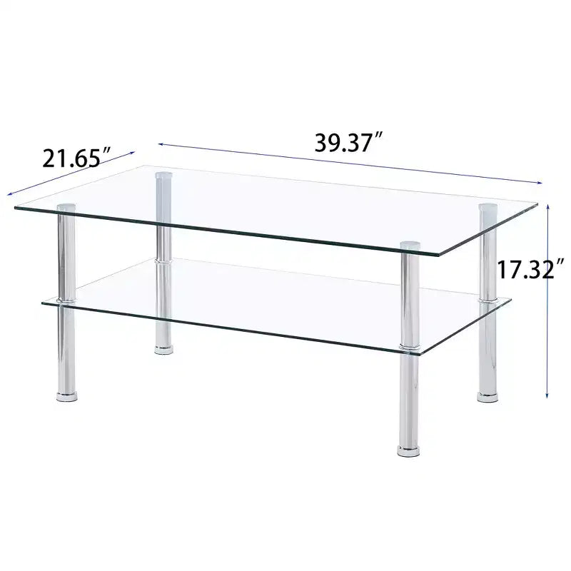 Table basse à 2 niveaux en verre transparent et métal argenté, 4 pieds
