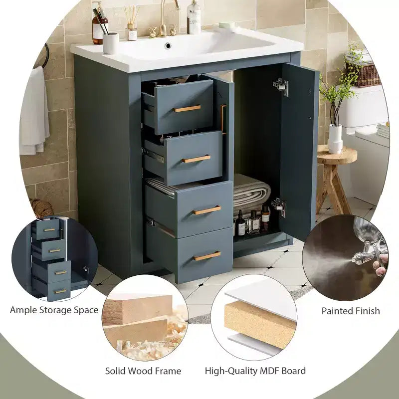 Meuble-lavabo de salle de bain de 76 cm à lavabo simple avec armoire et 3 tiroirs – Noir / Bleu / Vert / Indigo / Blanc