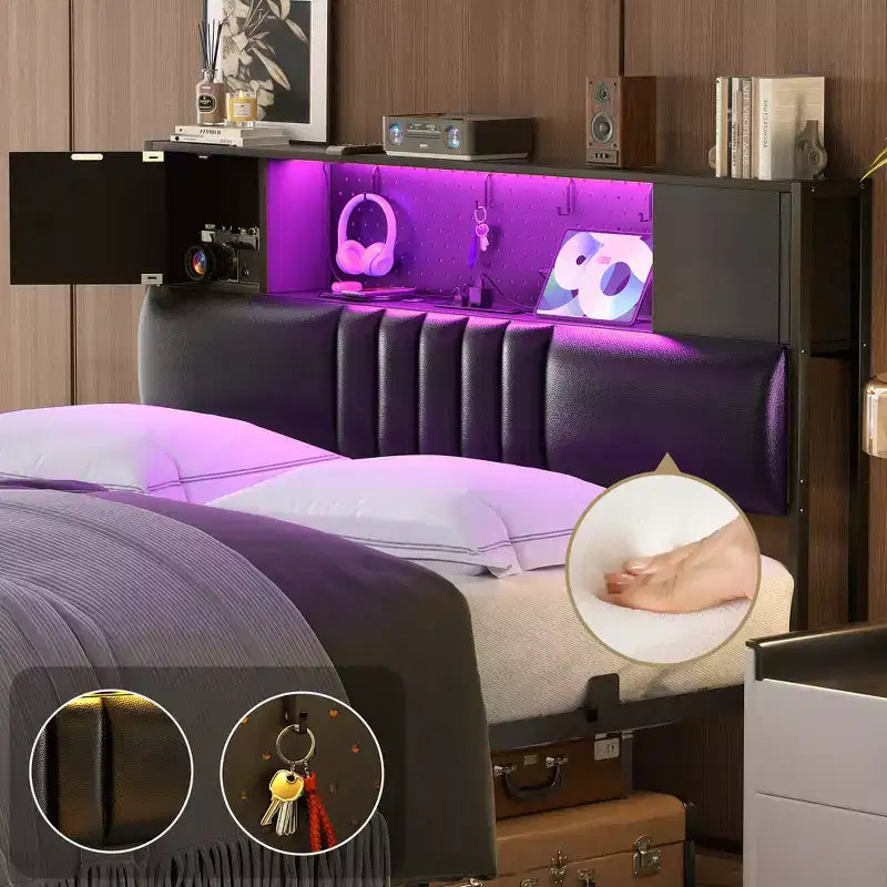 Cadre de lit plateforme rembourré Chêne Noir / Gris avec lumières LED et station de recharge ¨C Grand lit / Très grand lit, 1 personne