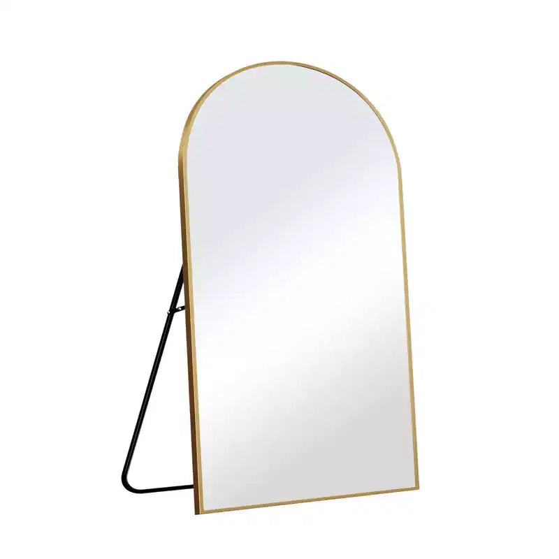 Miroir sur pied plein-longueur arqué noir/doré, cadre en métal, autoportant