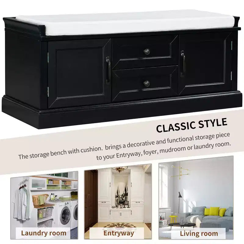 Banc de rangement capitonné avec tiroirs et placard, bois massif, 1 personne - Noir/Marron/Gris/Bleu Marine/Blanc