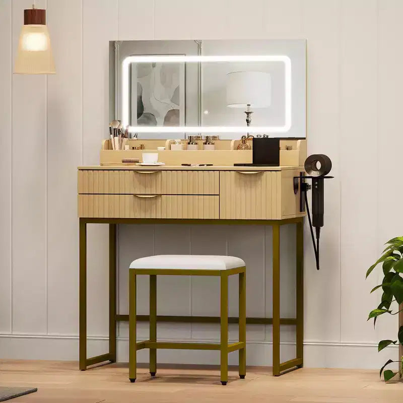 Coiffeuse noire/en bois naturel/blanche avec miroir LED, tiroirs et tabouret – 1 personne