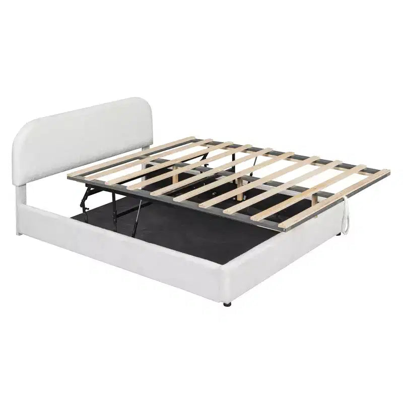 Queen Size Upholstered Bed with Lift-Up Storage - White