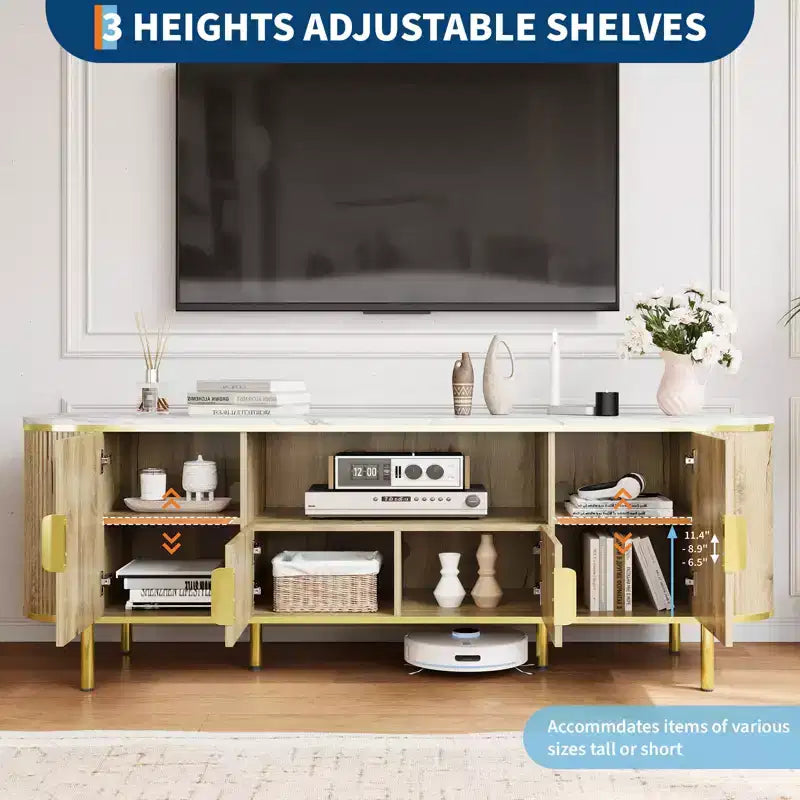 Meuble TV cannelé bleu/chêne avec portes coulissantes et étagères réglables, convient aux téléviseurs jusqu'à 8 pouces