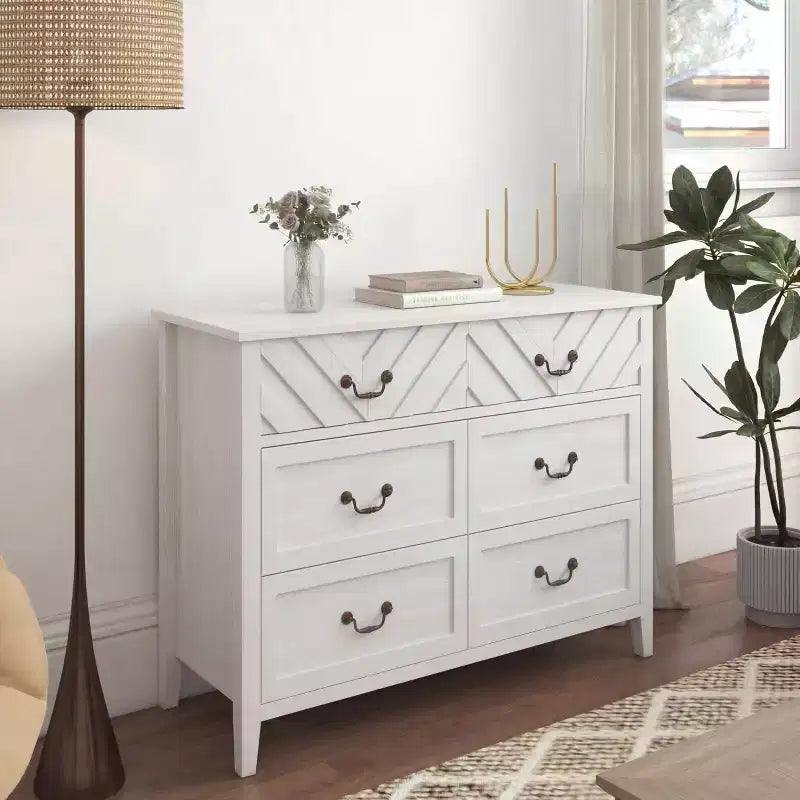 Meuble TV en bois brun/blanc à 6 tiroirs avec façade à motif en V, console multimédia