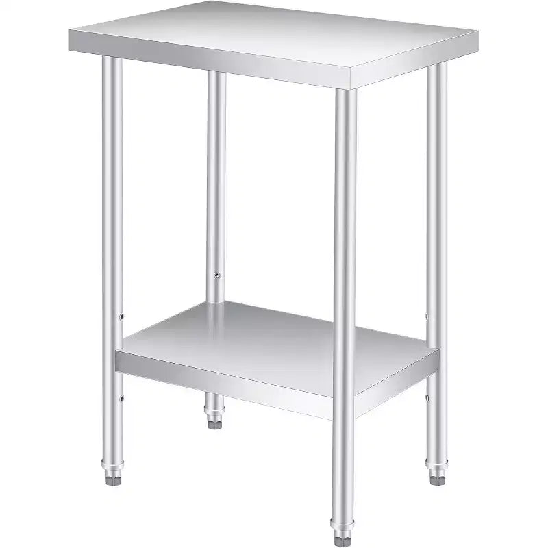 Table de travail en acier inoxydable argenté à 2 niveaux - Pieds fixes/Roues verrouillables, 1-2 personnes