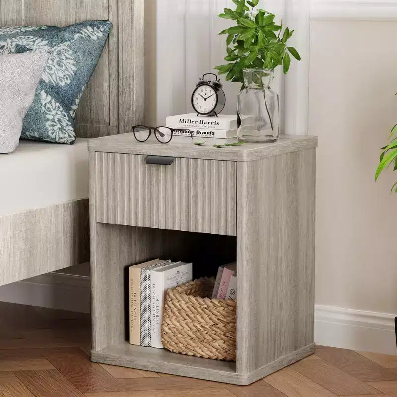 Dyonery Nightstand Scandinavian Nightstand with Recessed Drawers Storage Cabinet Large Modern Mid-Century Wooden Nightstand