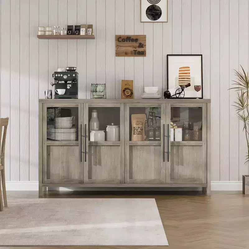 Buffet bahut avec portes vitrées, coloris noir/gris/bois, 4 portes, assemblage 1 personne
