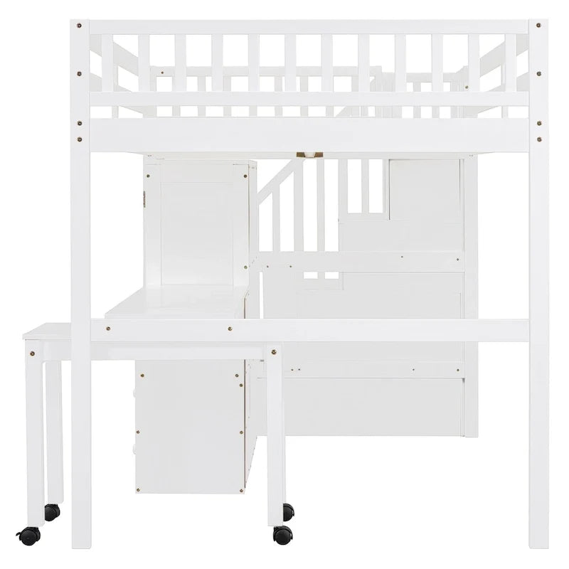 Full Size Loft Bed with Stairs, Bookshelf, Desk & Wardrobe - Space-Saving Multifunctional Furniture for Kids & Teens-White