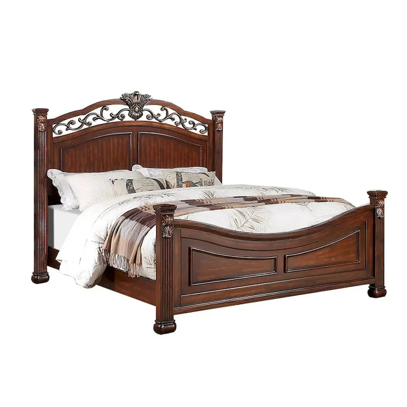 Wooden Bed with Crafted Headboard in Dark Cherry