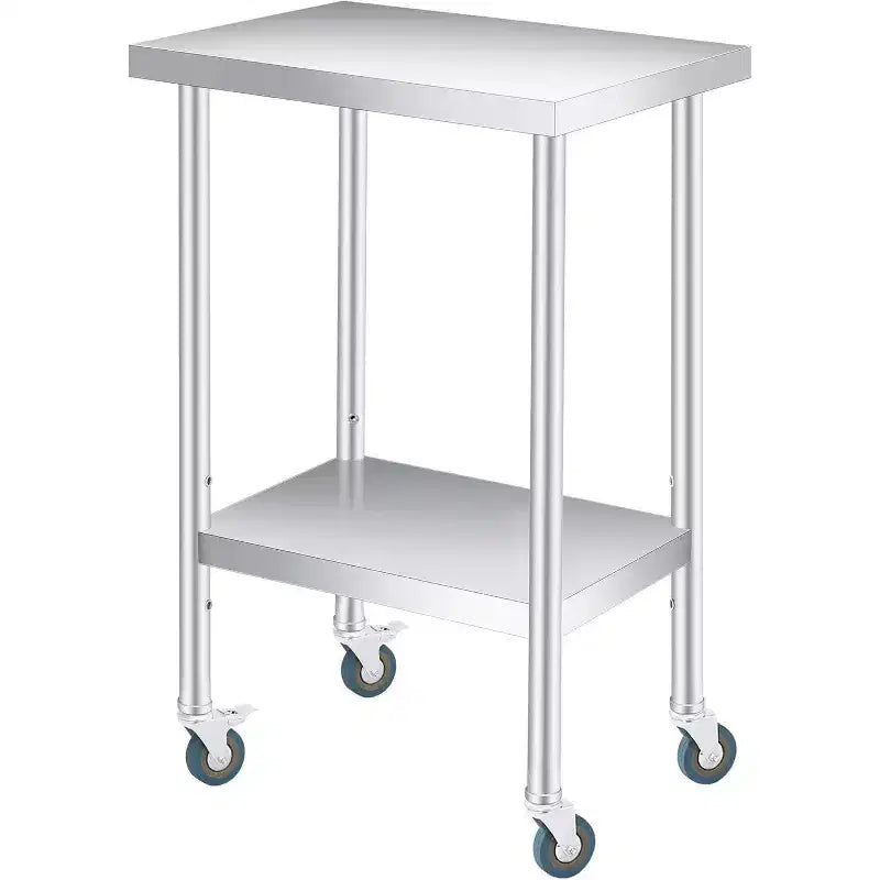 Table de travail en acier inoxydable argenté à 2 niveaux - Pieds fixes/Roues verrouillables, 1-2 personnes