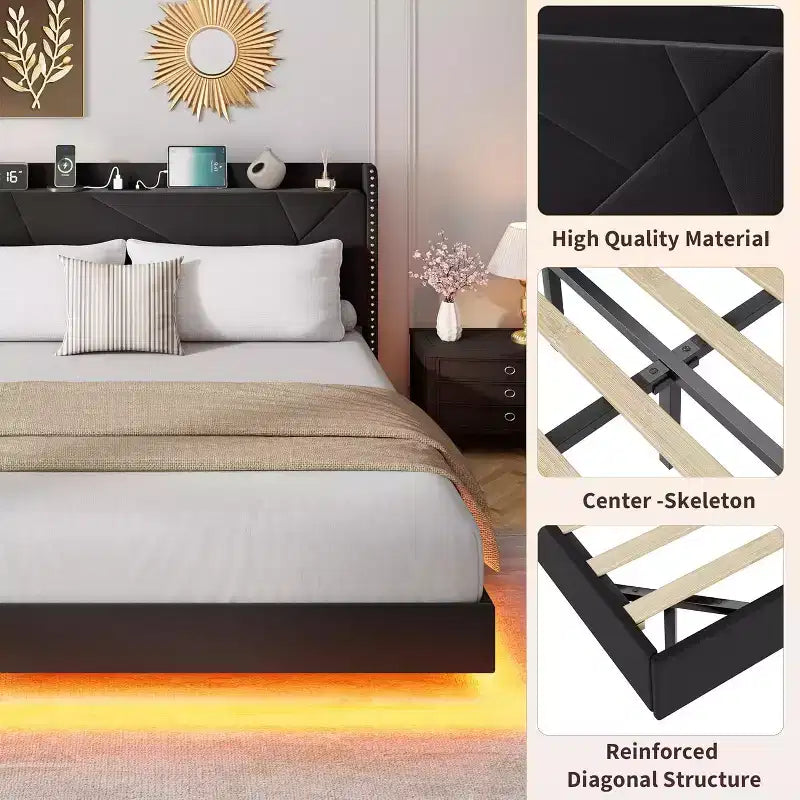 Lit plateforme flottant rembourré beige / noir / gris, lumières LED, tête de lit de rangement, pleine grandeur / grand format / très grand format, 1 personne