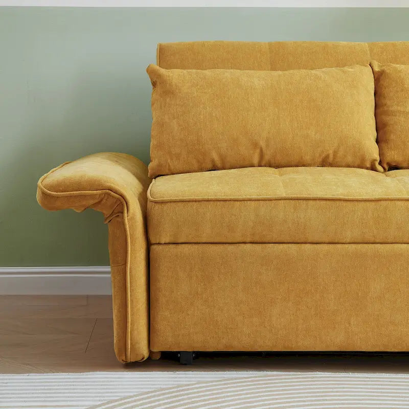 Yellow Chenille Fabric Pull-Out Sofa Bed Sleeper - 39.00 x 53.50 x 31.50