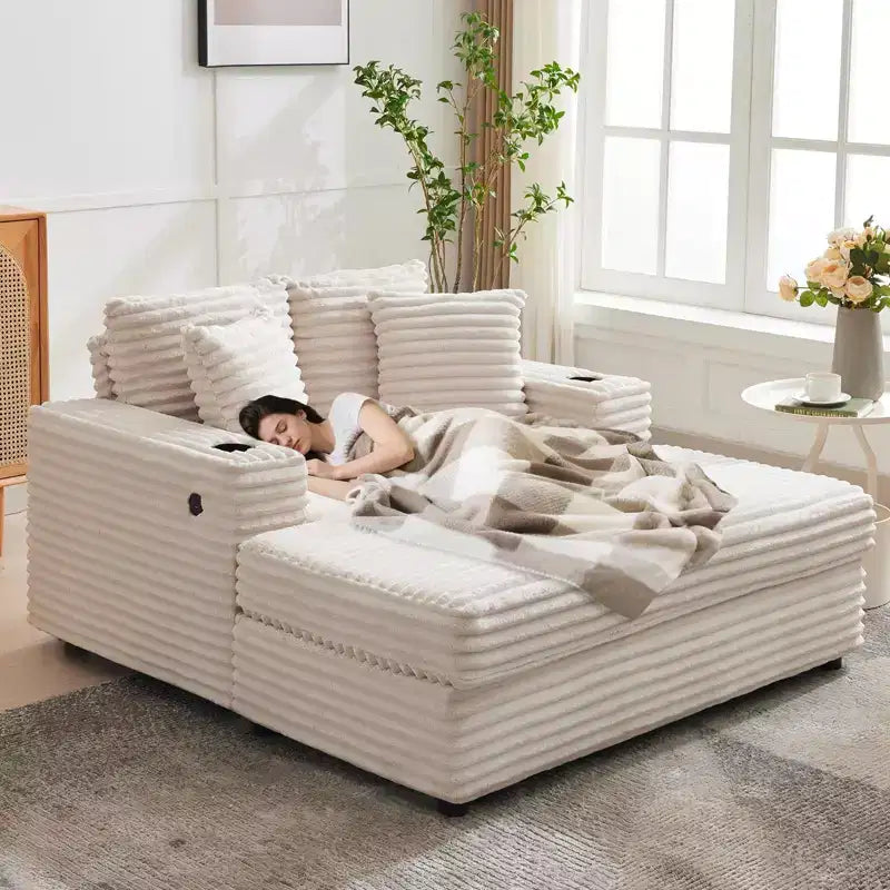 Sofa wypoczynkowa trzyosobowa sztruksowa z uchwytami na kubki i portami ładowania