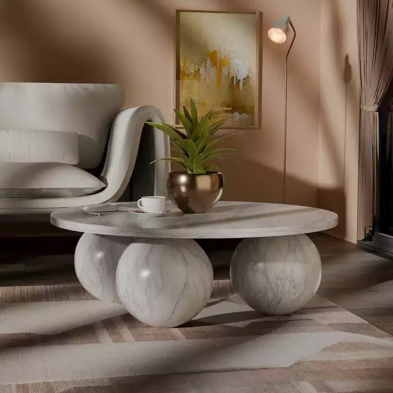 Round Marble Coffee Table with Sphere Legs, Multicolor, Seats 4??