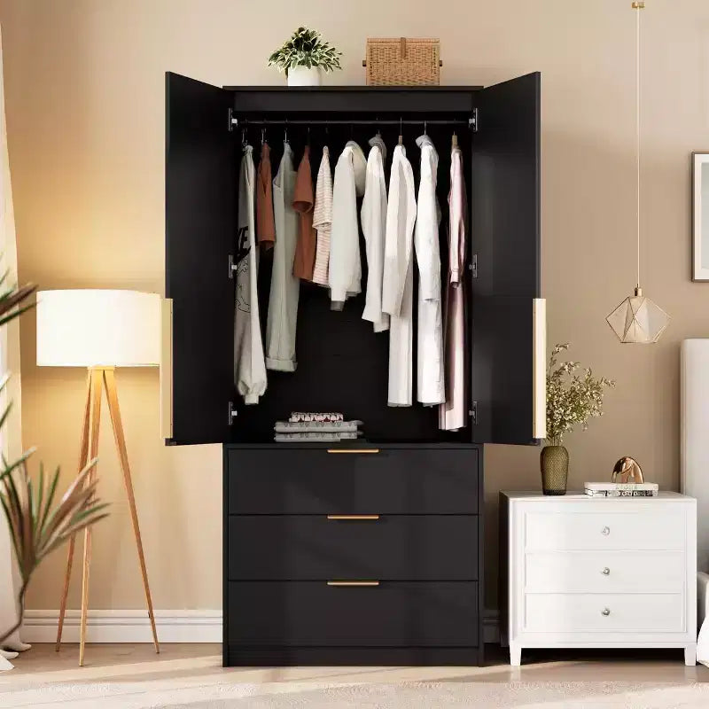 Armoire 2 portes avec 3 tiroirs et tringle de penderie