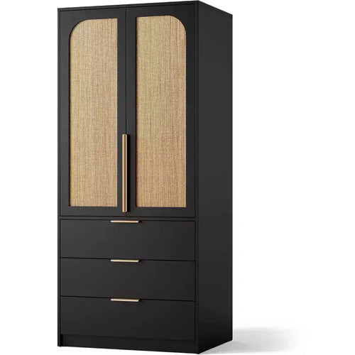 GustoWave Wardrobe Cabinet With 3 Drawers, Hanging Rod, And Two Doors