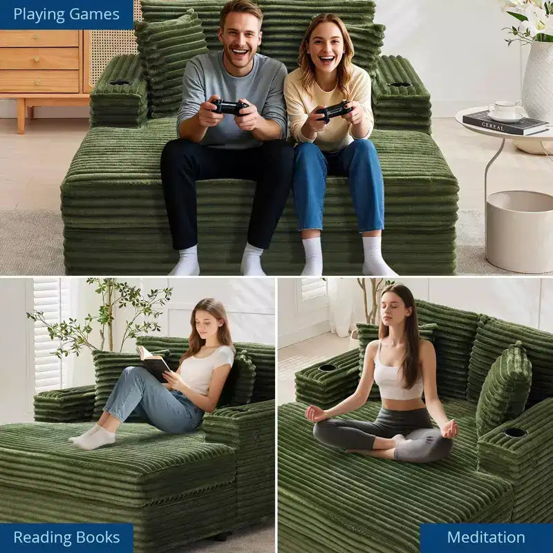 Sofa wypoczynkowa trzyosobowa sztruksowa z uchwytami na kubki i portami ładowania