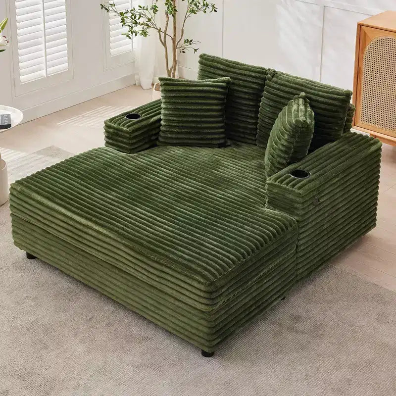 Sofa wypoczynkowa trzyosobowa sztruksowa z uchwytami na kubki i portami ładowania