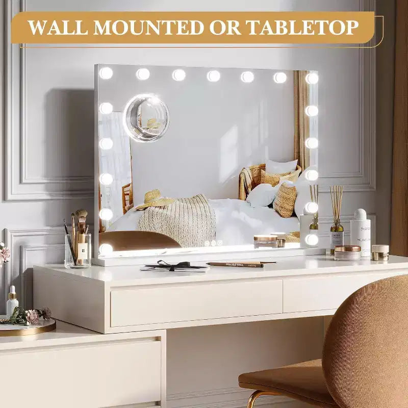 Miroir de courtoisie LED blanc avec loupe 3X, variateur tactile, 3 modes d'éclairage, chargement USB, à poser/fixer au mur, 1 personne