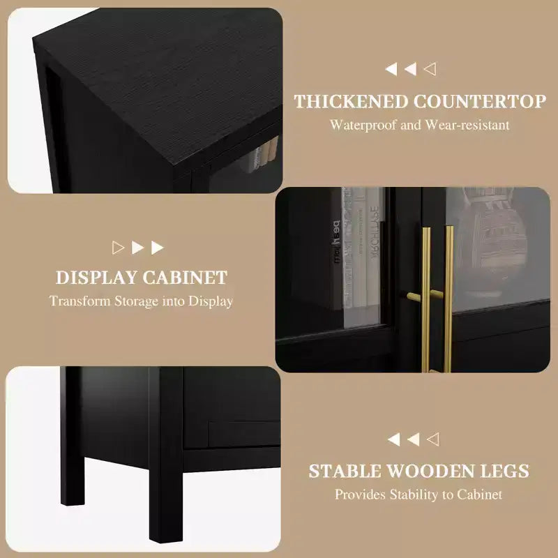 Buffet bahut avec portes vitrées, coloris noir/gris/bois, 4 portes, assemblage 1 personne
