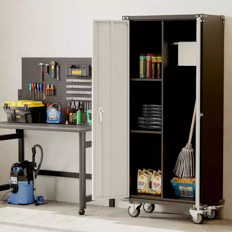 Garage Storage Cabinet with Wheels & Pegboard, 72 H Locking Metal Storage Cabinet with 2 Doors & 4 Adjustable Shelves for Garage Workshop