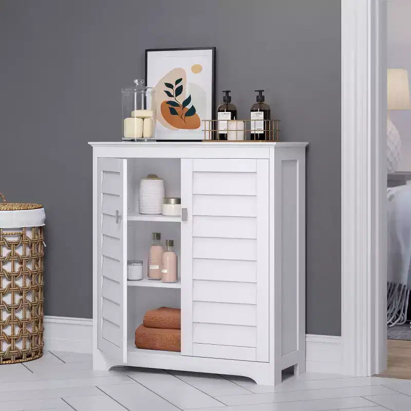 Meuble de rangement blanc à deux portes avec étagères réglables