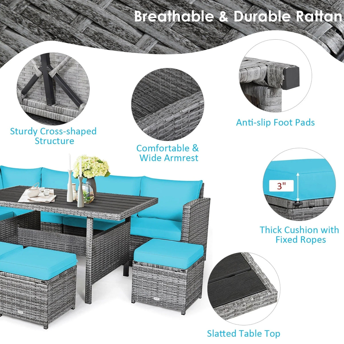 Costway 7 PCS Patio Rattan Dining Set Sectional Sofa Couch Ottoman - See Details
