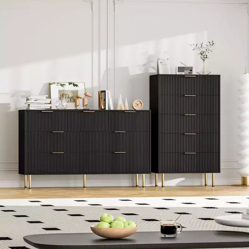 Commode 5 tiroirs blanche / effet marbre et bois – Panneau cannelé, pour 1 personne