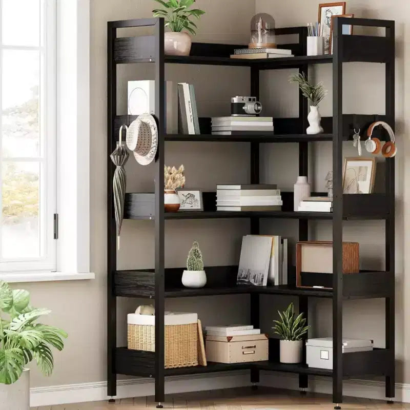 Garvee 5-Tier Corner Bookshelf with Hooks,Wooden Bookcase with Open Shelves and Metal Frame for Home Office