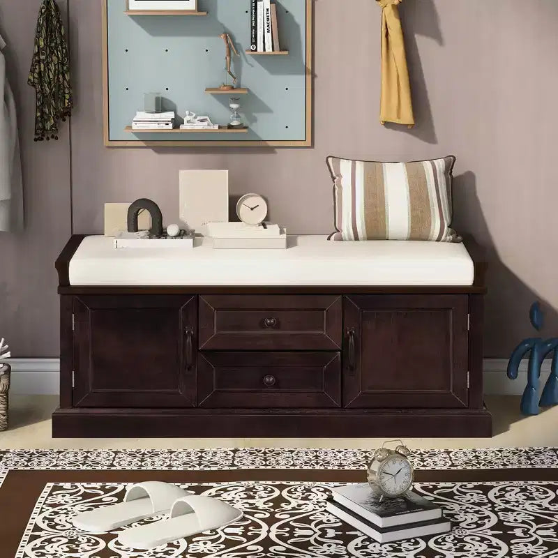 Banc de rangement capitonné avec tiroirs et placard, bois massif, 1 personne - Noir/Marron/Gris/Bleu Marine/Blanc