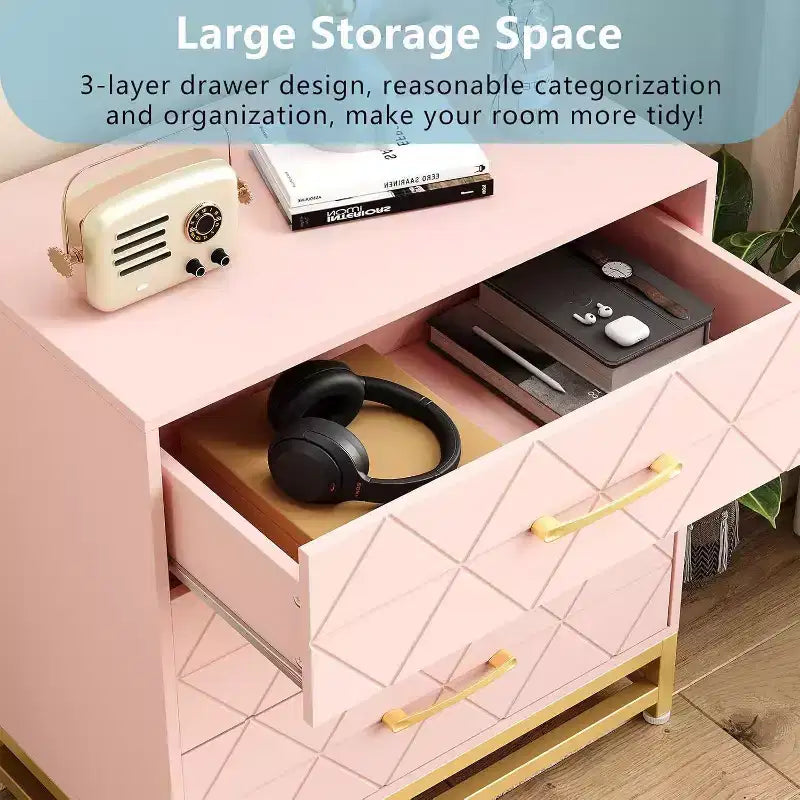 Commode à 3 tiroirs noire / rose / blanche, style moderne