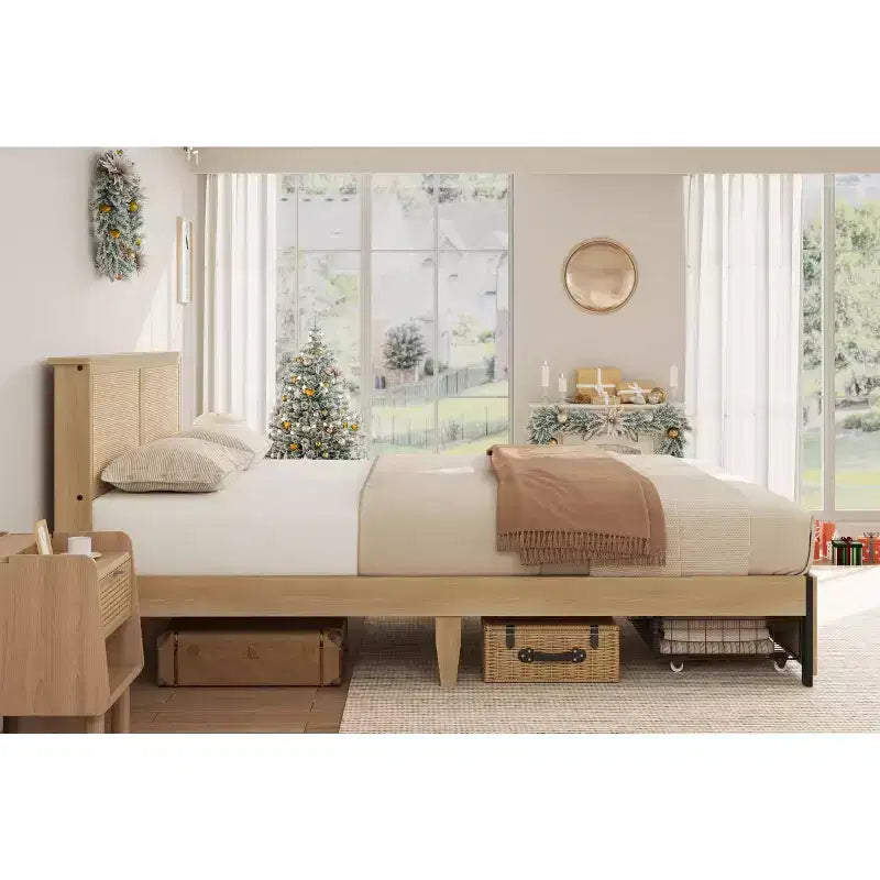 Cadre de lit en rotin naturel avec tête de lit et 2 tiroirs – Grand lit / Très grand lit, 1 personne
