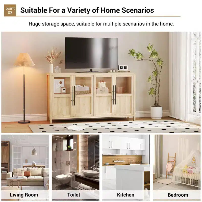 Buffet bahut avec portes vitrées, coloris noir/gris/bois, 4 portes, assemblage 1 personne