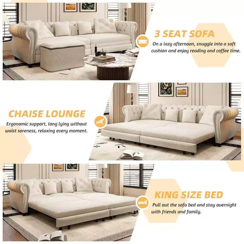 Whisen Velvet 3-in-1 King Size Pull-Out Sofa Bed & Convertible Sleeper Sofa with Movable Ottoman, Tufted Design