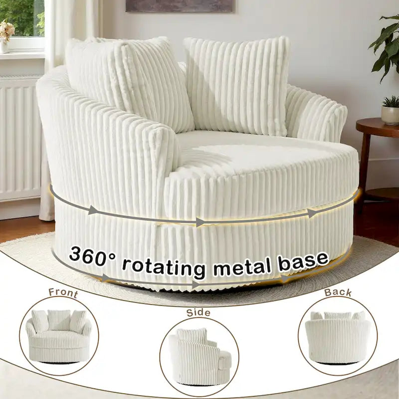 2 Set Oversized 43 W Plush Corduroy Swivel Barrel Chair with Pillows