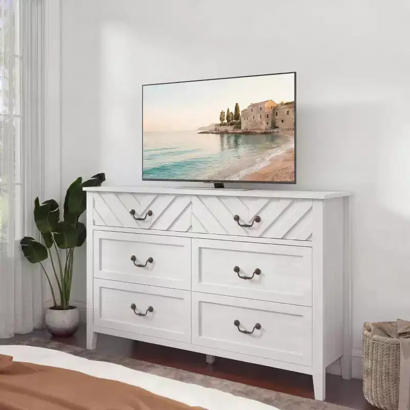 Meuble TV en bois brun/blanc à 6 tiroirs avec façade à motif en V, console multimédia