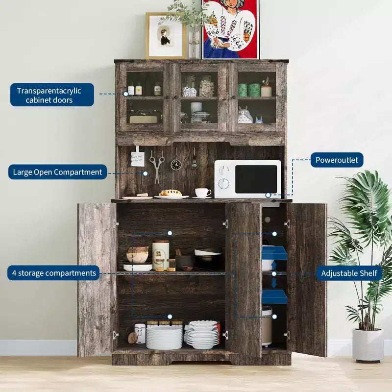 Meuble de rangement de cuisine autoportant marron avec portes en acrylique et plan de travail pour machine à café, 1 personne