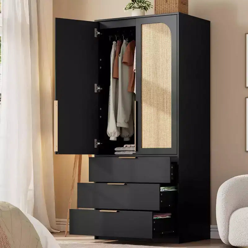 Armoire 2 portes avec 3 tiroirs et tringle de penderie